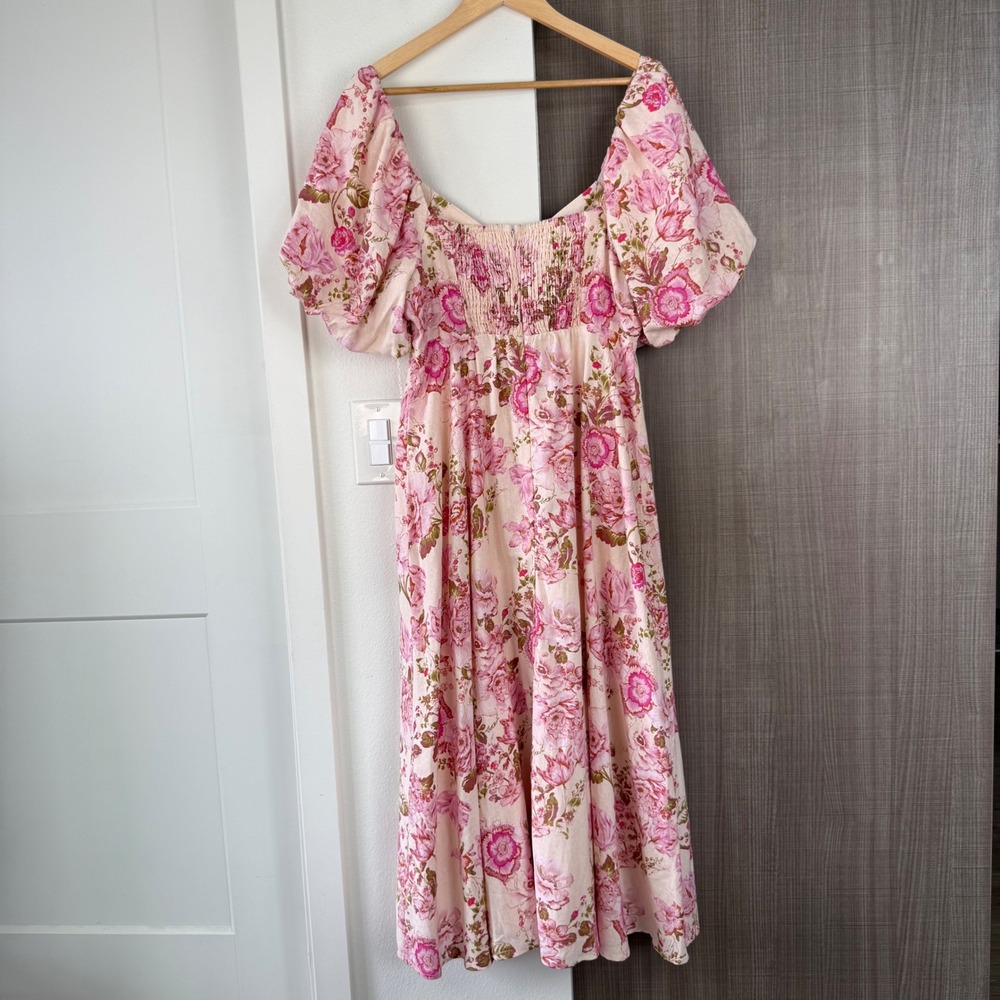 Avec Les Filles Pink Floral Print Puffed Sleeve Twist Bodice Midi Dress Size 12 - Picture 8 of 13